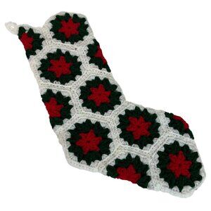 Handmade Crochet Granny Square Christmas Stocking Red Green White Hexagon Design
